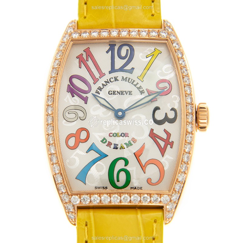 Franck Muller Replica - 18kt Rose Gold - Diamond - Quartz - Silver Dial - Alligator Yellow - Luxury Replica CINTREE CURVEX Watch